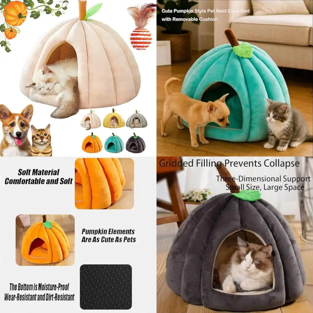 سرير كهف قطط على شكل يقطين مع وسادة قابلة للإزالة للحيوانات الأليفة الصغيرة