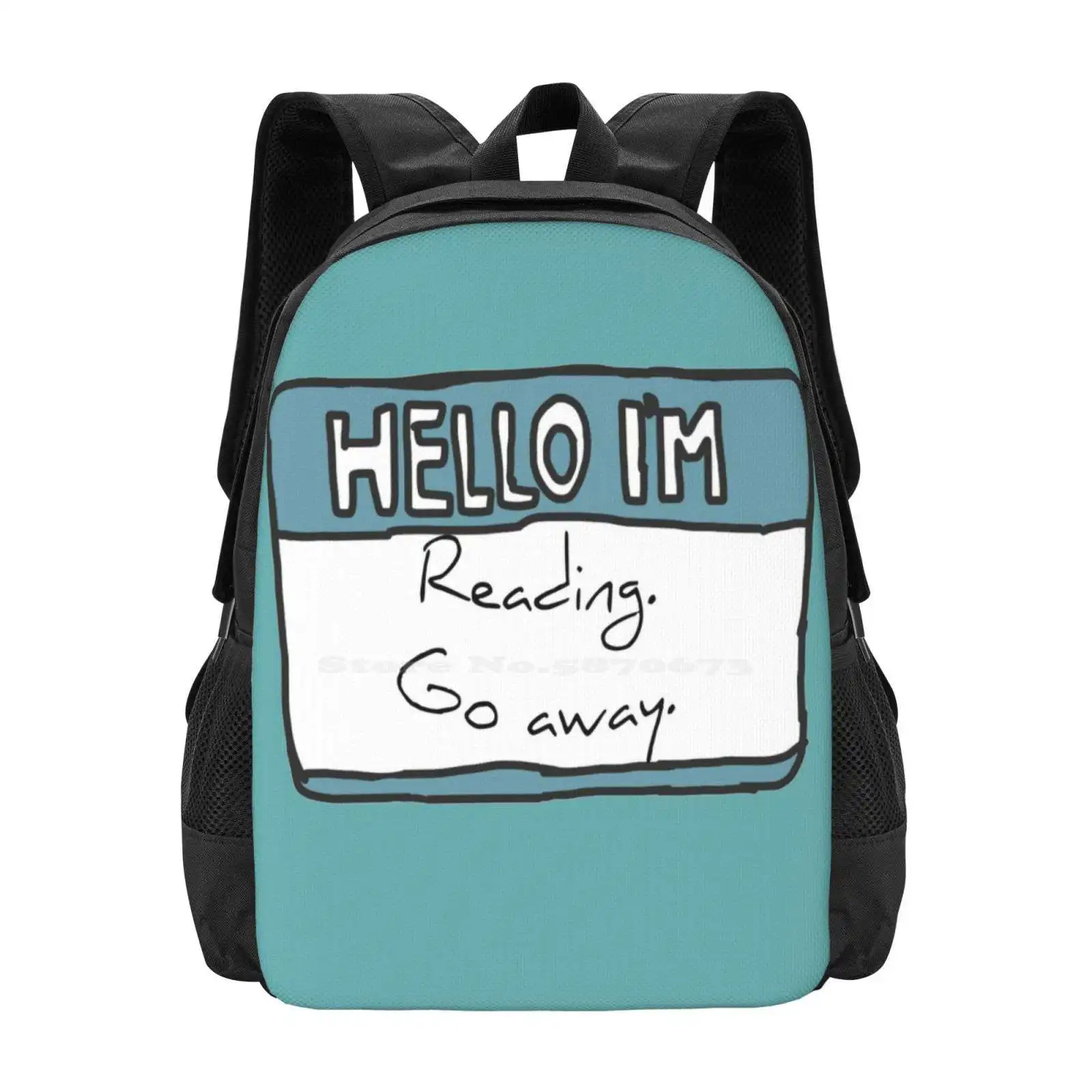 Hello I'm Reading School Bag Big Capacity Backpack Laptop Reading Quote Hello Im Books Hand Words Name Tag Cute Quirky Blue