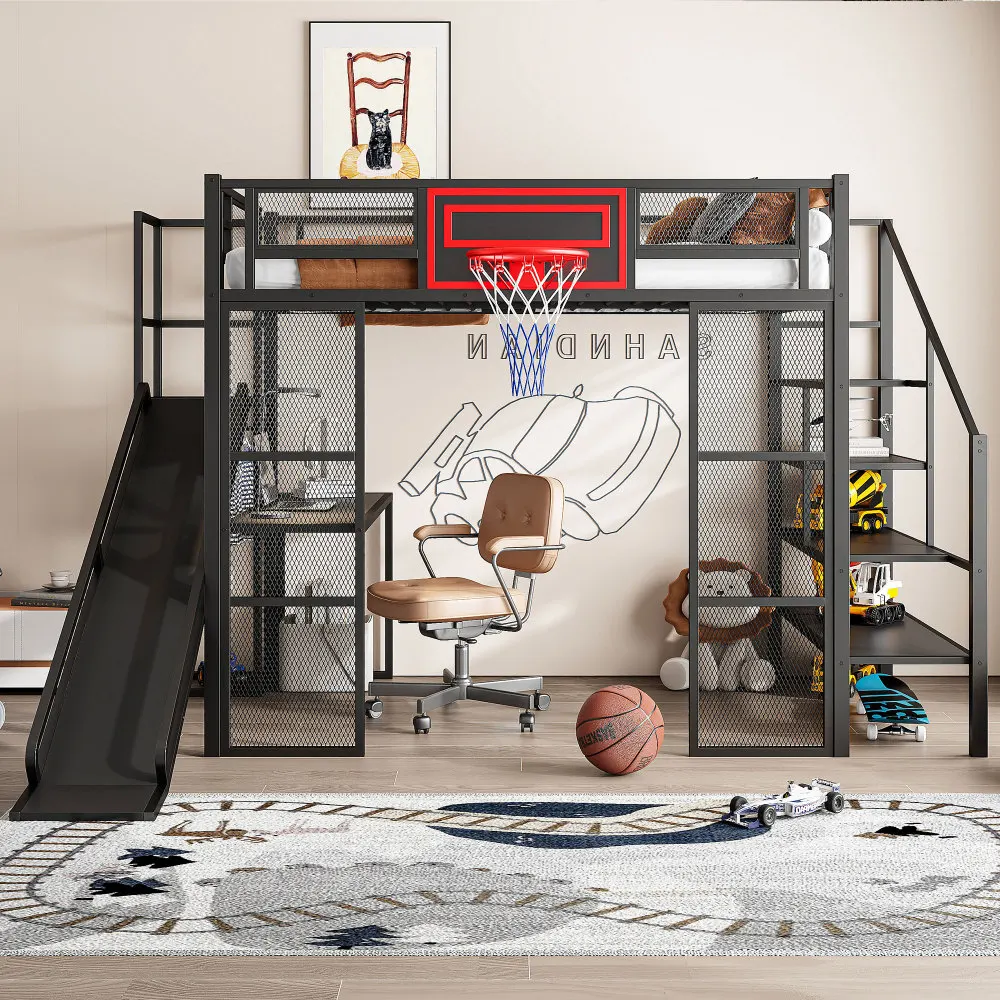 Bunk Bed for Kids Full Size Metal Loft Bed with Built-in Desk, Open Wardrobe, Basketball Hoop, Slide and Staircase, Loft Beds