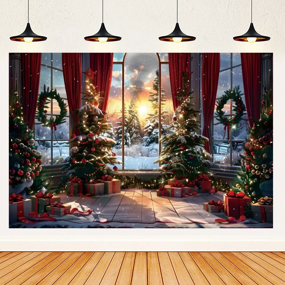 Christmas Tree Window Snowman Theme Winter Xmas Tree Red Curtain Window Santa Claus Child Birthday Photo Background Photo Zone