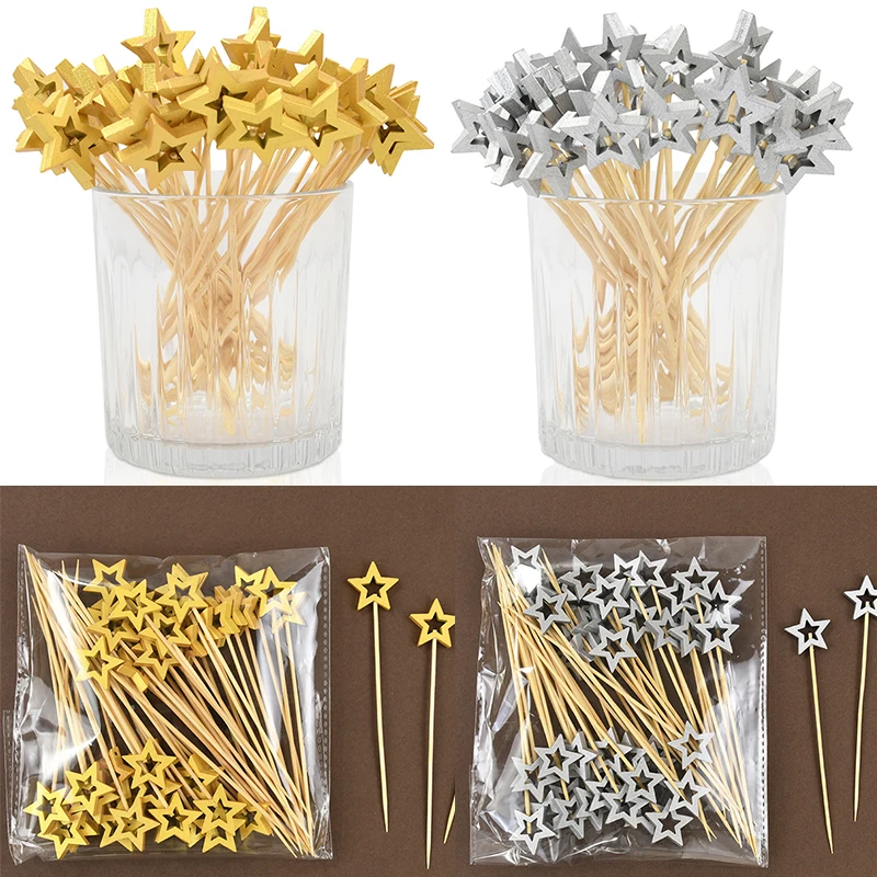 50PCS Star Disposable Bamboo Skewers Wedding Fruit Cake Fork Buffet Food Cocktail Picks Stick For Birthday Christmas Party Decor