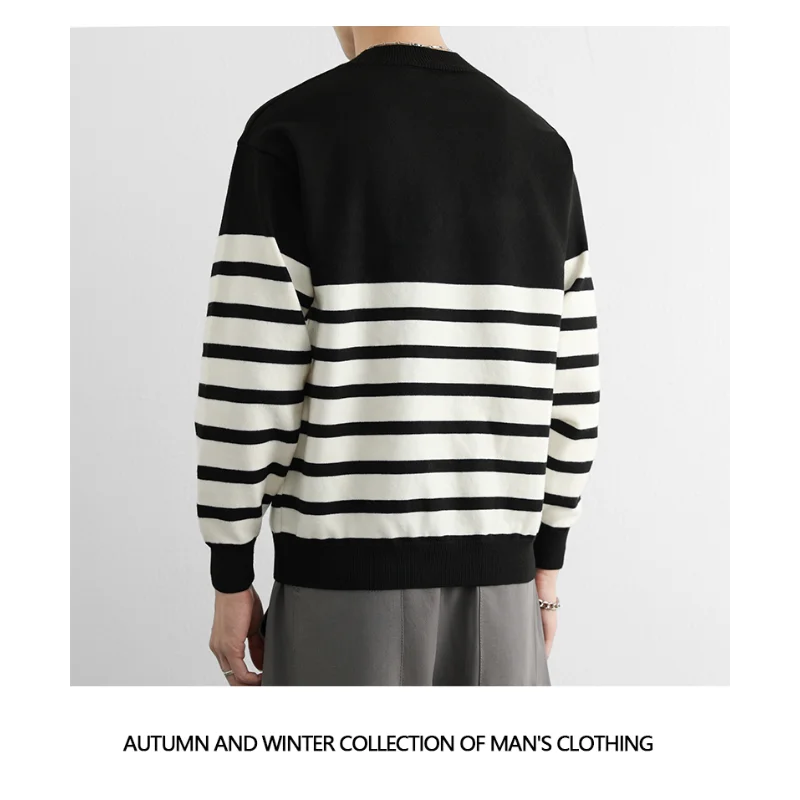 Pullover Button Contrast Striped Versatile Sweater for Men's Casual Fashion Top