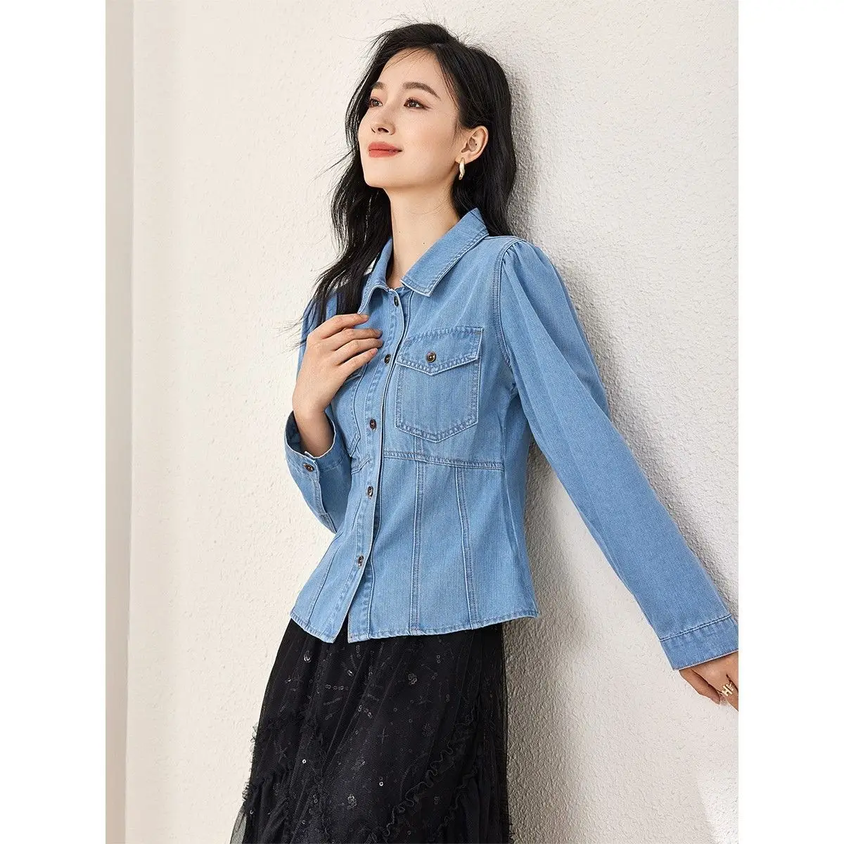 

Fall 2025 New ort Denim irt Women's Faion Commuting Ele Simple Sweet Button up irt Outerwear Polyester Fiber