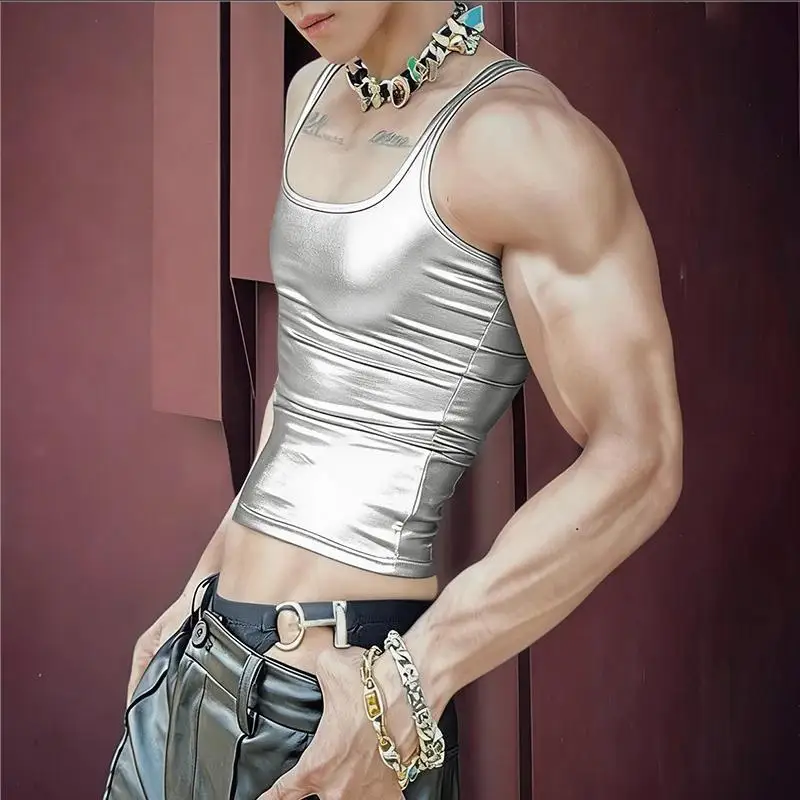 Men's Glossy High-elastic Slim-fit Sling Vest, Thin Shoulder Strap U-neck Inner Top