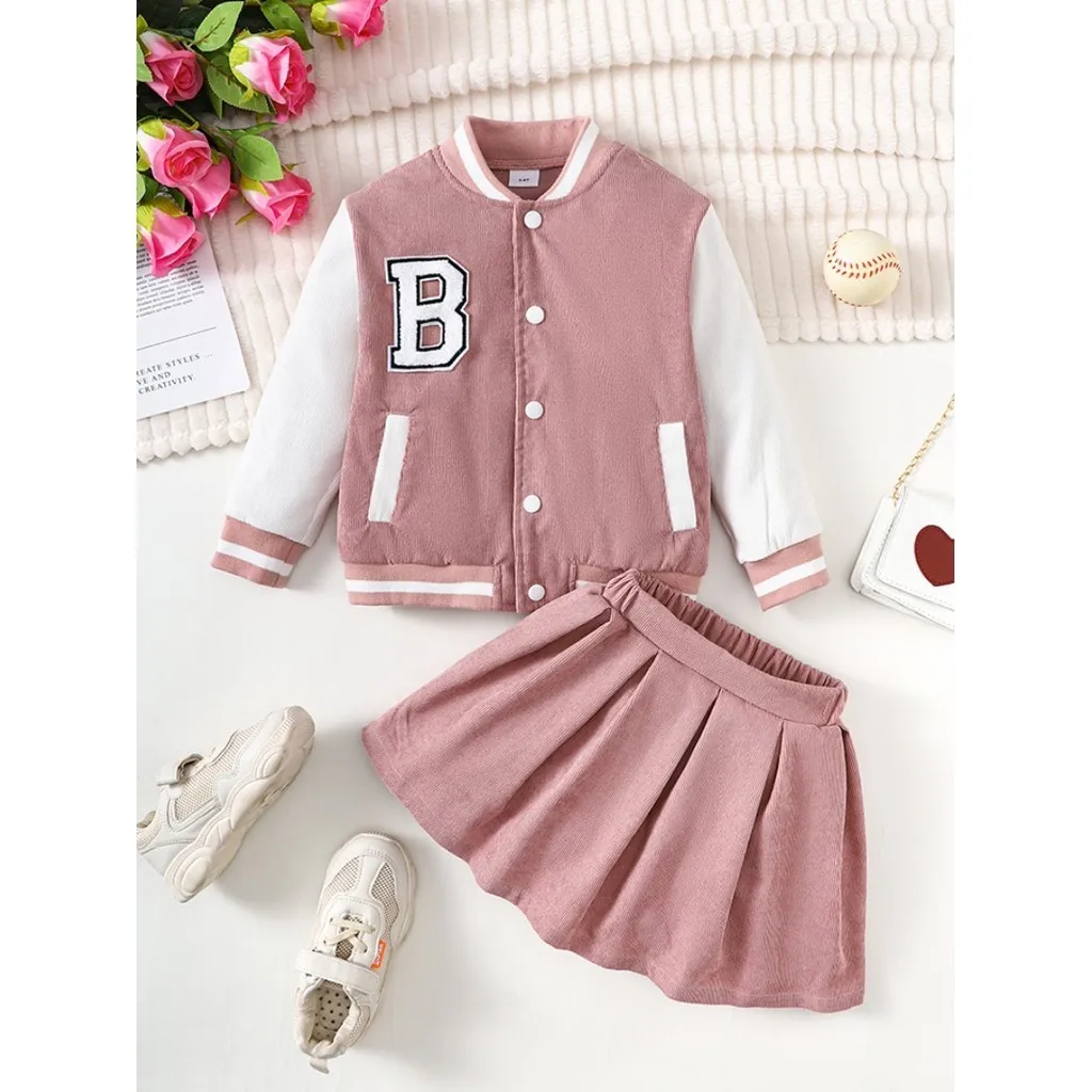 1-8 Years Children Girls Winter 2PCS Skirt Suit Alphabet Patter Long Sleeved Corduroy Baseball Jacket +Skirt Preppy Style Outfit