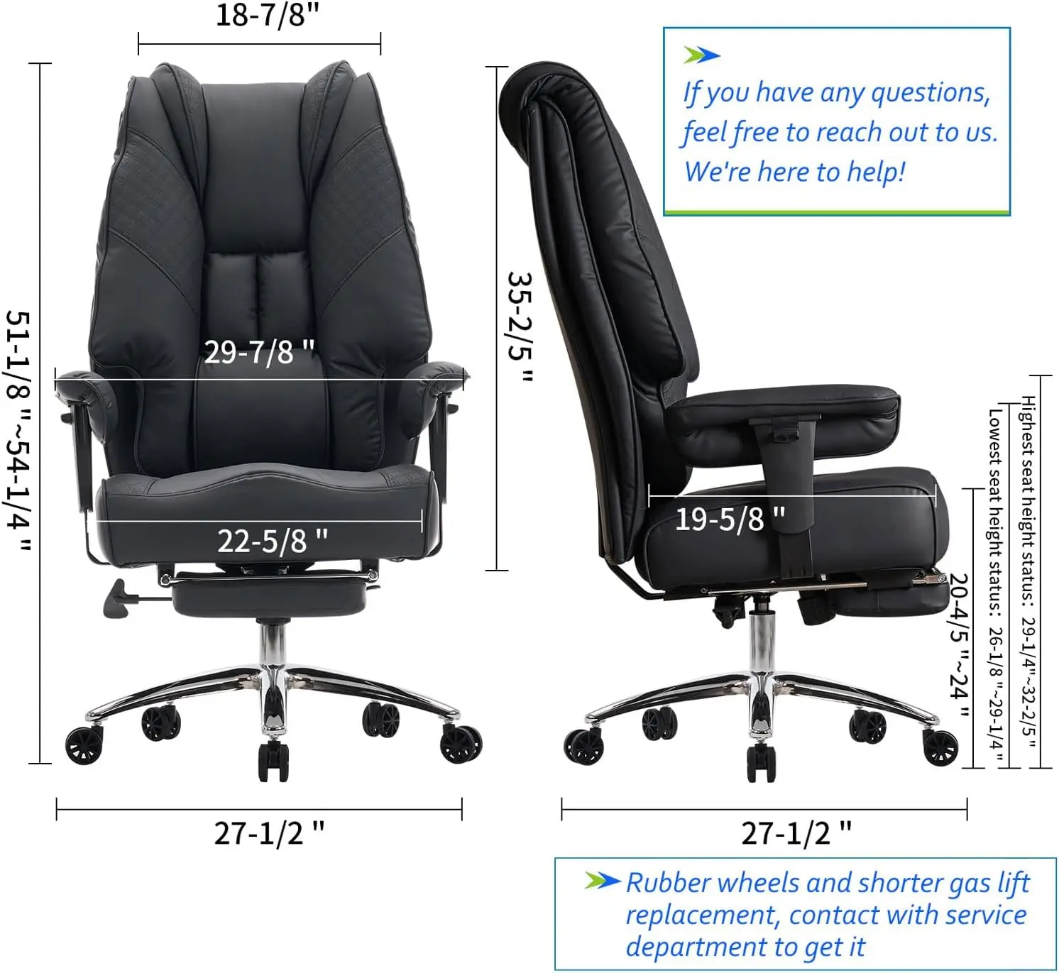 Silla de oficina ejecutiva grande y alta, capacidad de 400 libras, respaldo alto de cuero con reposapiés, soporte lumbar ergonómico (negro)