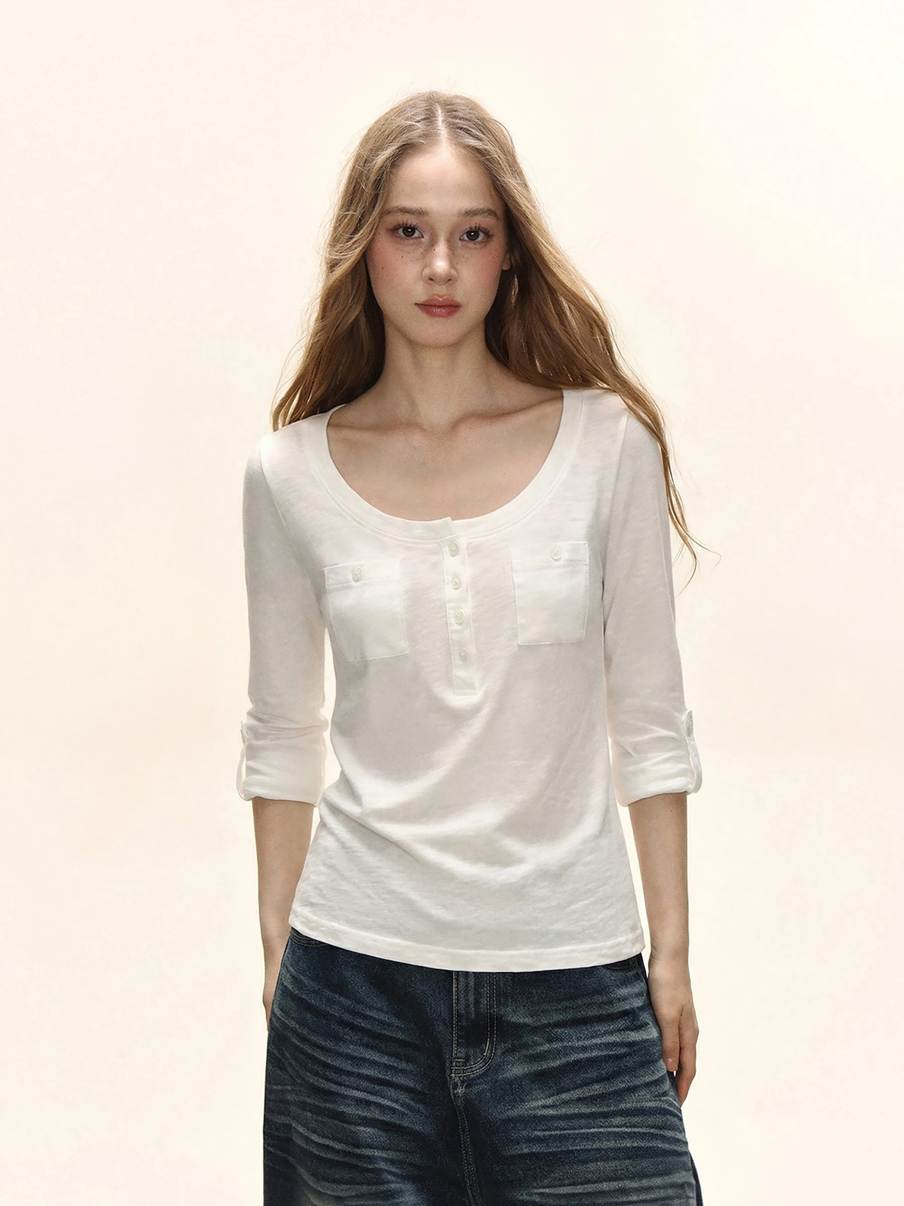 November White Henry Collar Long Sleeve T-Shirt Women's Spring Autumn Hot Girl U Collar Double Pocket Inner Wear Top