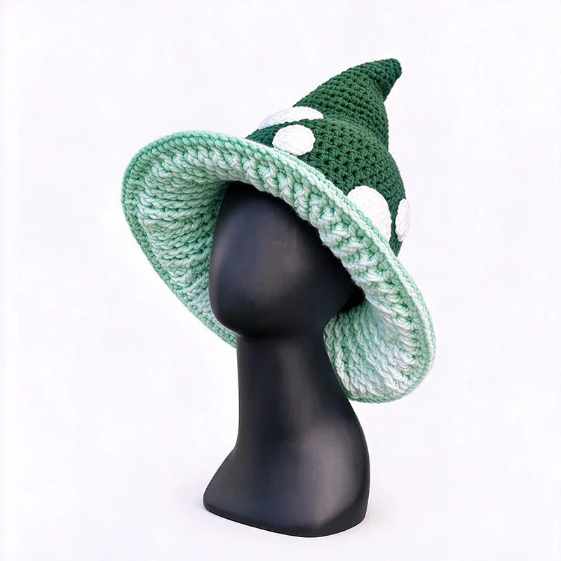 Handmade Colorful Mushroom Witch Wizard Hat Men Custom Crochet Plush Knitted Pixie Beanie Women Halloween Cosplay Party Cap Boy