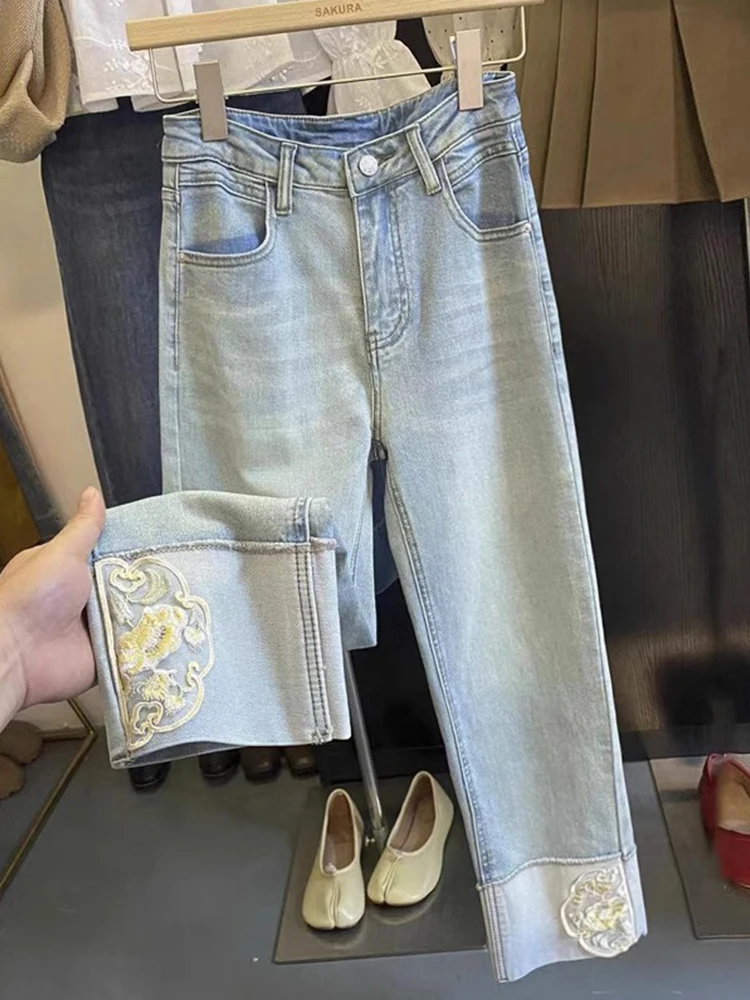 

New Chinese Sle Embroidered High Waist Straight Leg Jeans Women's Summer plus Size Faionable Nine Point e Tube Pants