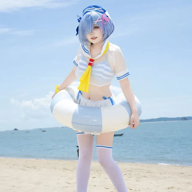 Rem cosplay traje anime re vida em um mundo diferente de zero ram peruca verão maiô empregada ternos de marinheiro para mulher