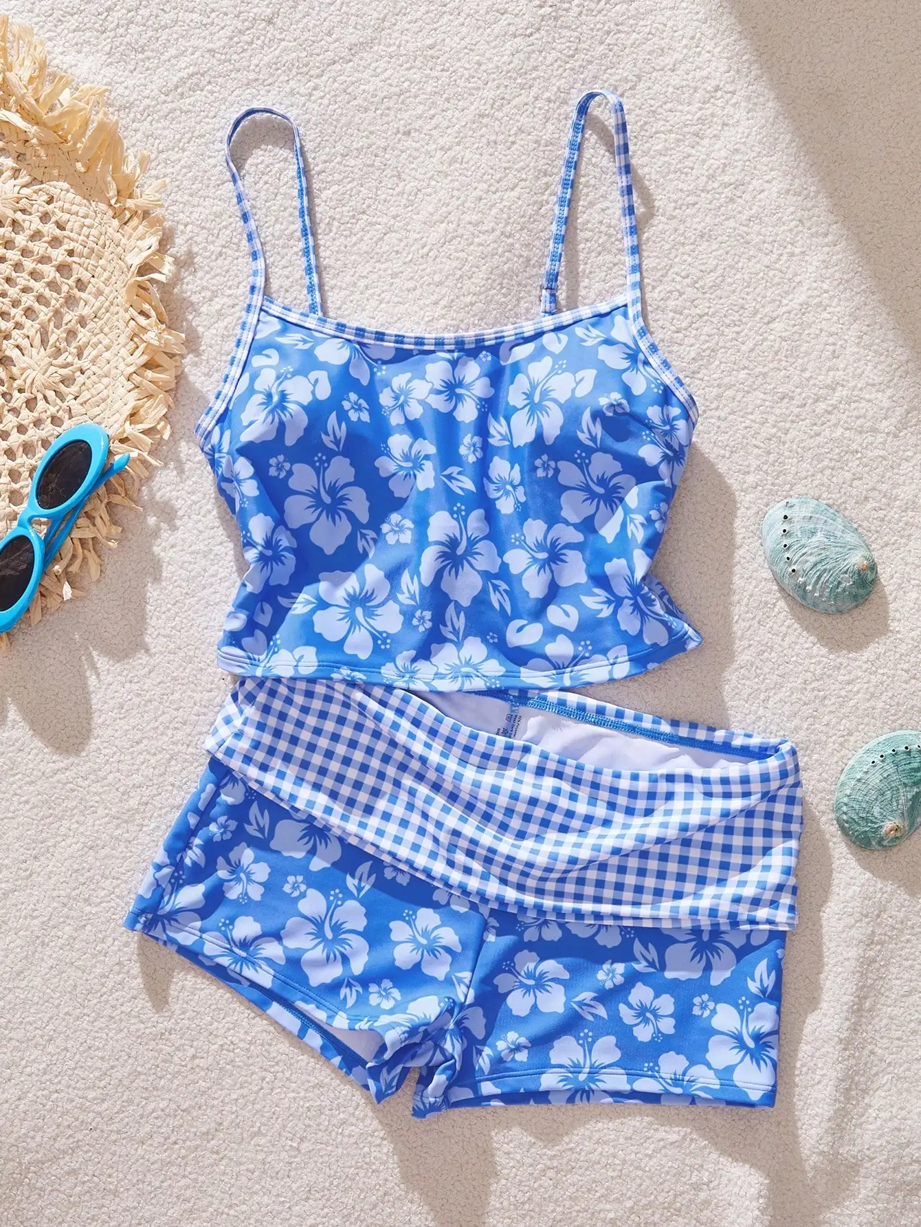 

Женский комплект бикини с принтом гибискуса и клетчатым поясом, укороченный топ с высокой талией