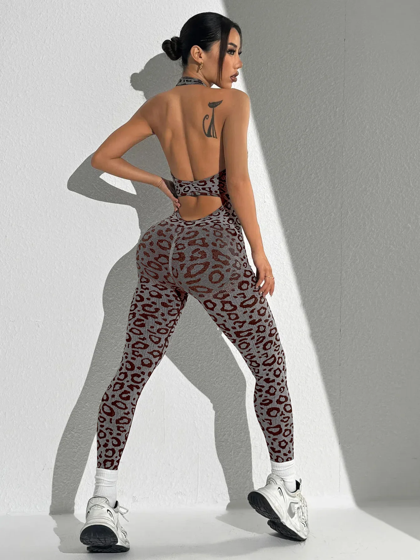 Sexy Halter Leopard Print Jumpsuit Gym Sportswear Sleeveless Fitness Square-collar Slim Tights Workout For Women