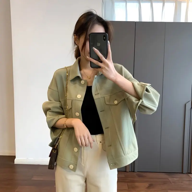 

Casual Turn-down Collar Loose Coats Spring Autumn Korean Solid Color Commute Pockets Female Single-breasted Long Sleeve Jackets