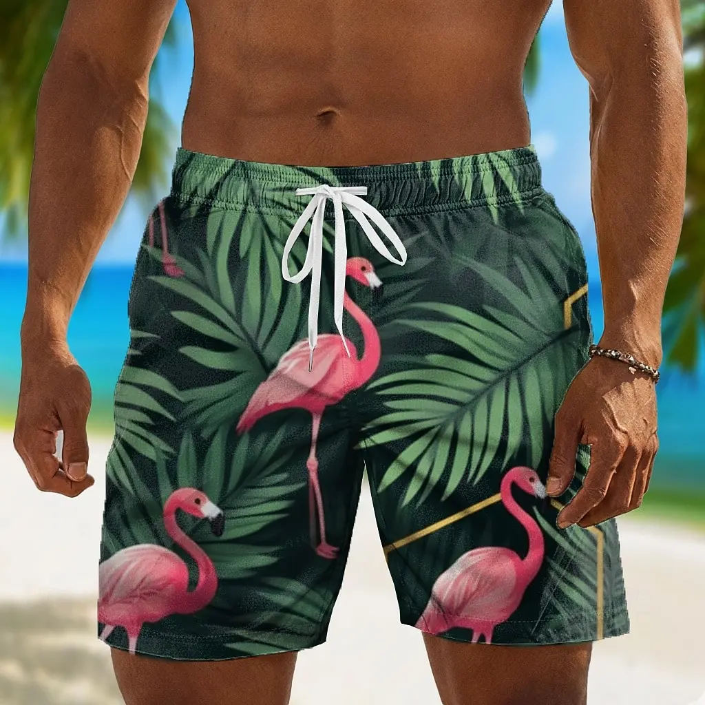 Men's Flamingo Coconut Tree Print Drawstring Waist Shorts, Trendy Hawaiian Outfit For Spring Summer Beach Daily Leisure Wear