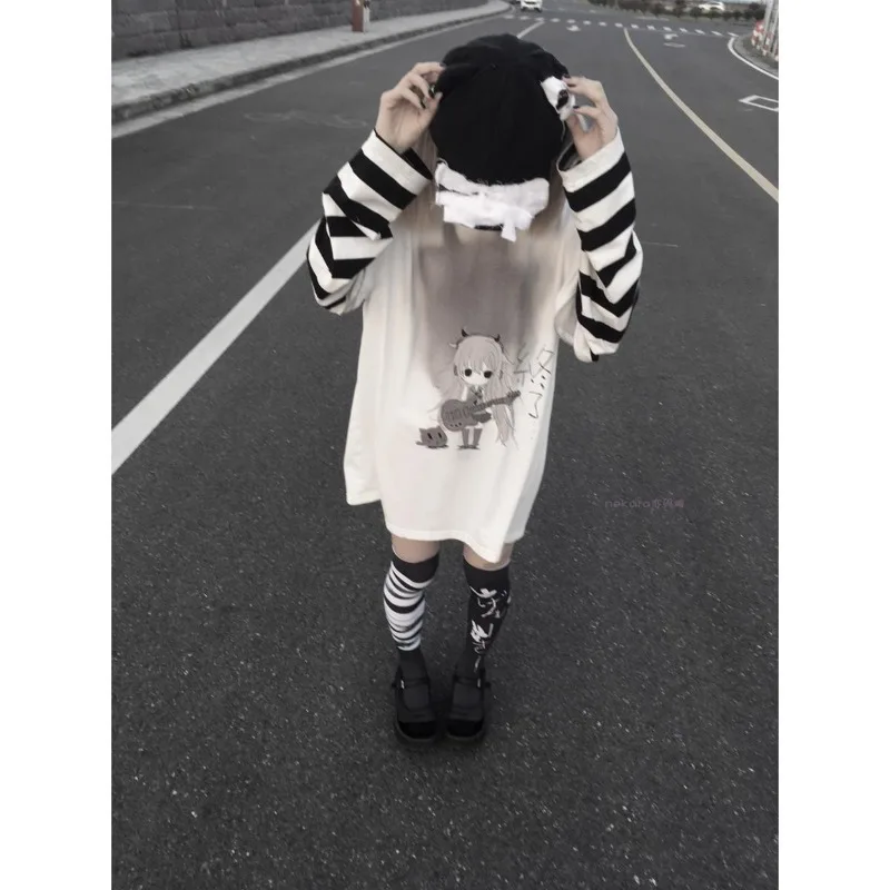 

Japanese Vinateg O Neck Detachable Sleeve Loose T Shirts Y2k Aesthetic Subcultural Print Lazy Clothes Harajuku Cute Women Tops