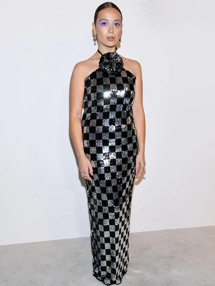 

Luxury Black & Silver Sequin Checkered Halter Long Dress with Floral Accent - Backless Sleeveless Party & Evening Gown Vestido