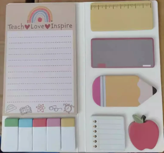 Notas adhesivas de agradecimiento para profesores: blocs de notas motivacionales Teach Love Inspire con marcadores de página y papelería de diseño de pizarra