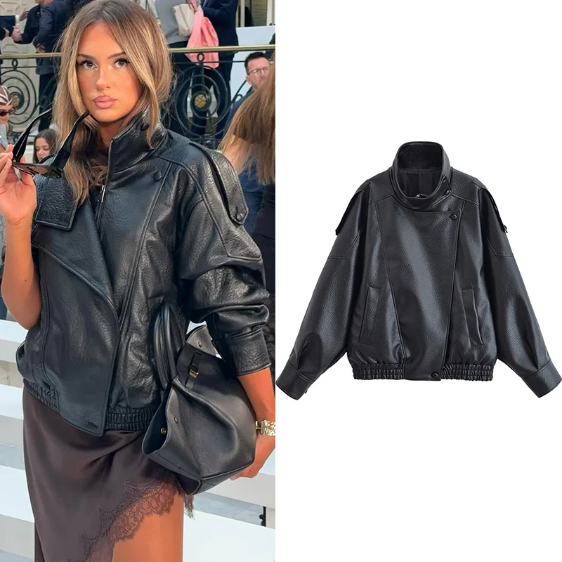 Veste femme 2025 nouvelle mode automne noir à manches longues galets Faux cuir veste moto Style personnalité dames veste