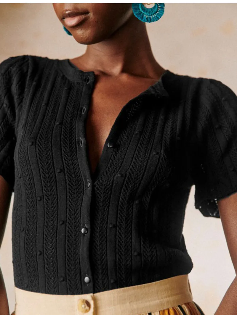 Spring Summer Ladies Petal Sleeve Pit Striped Cardigan French New Women Round Neck Slim Tops Single-Breasted Knit Sweater