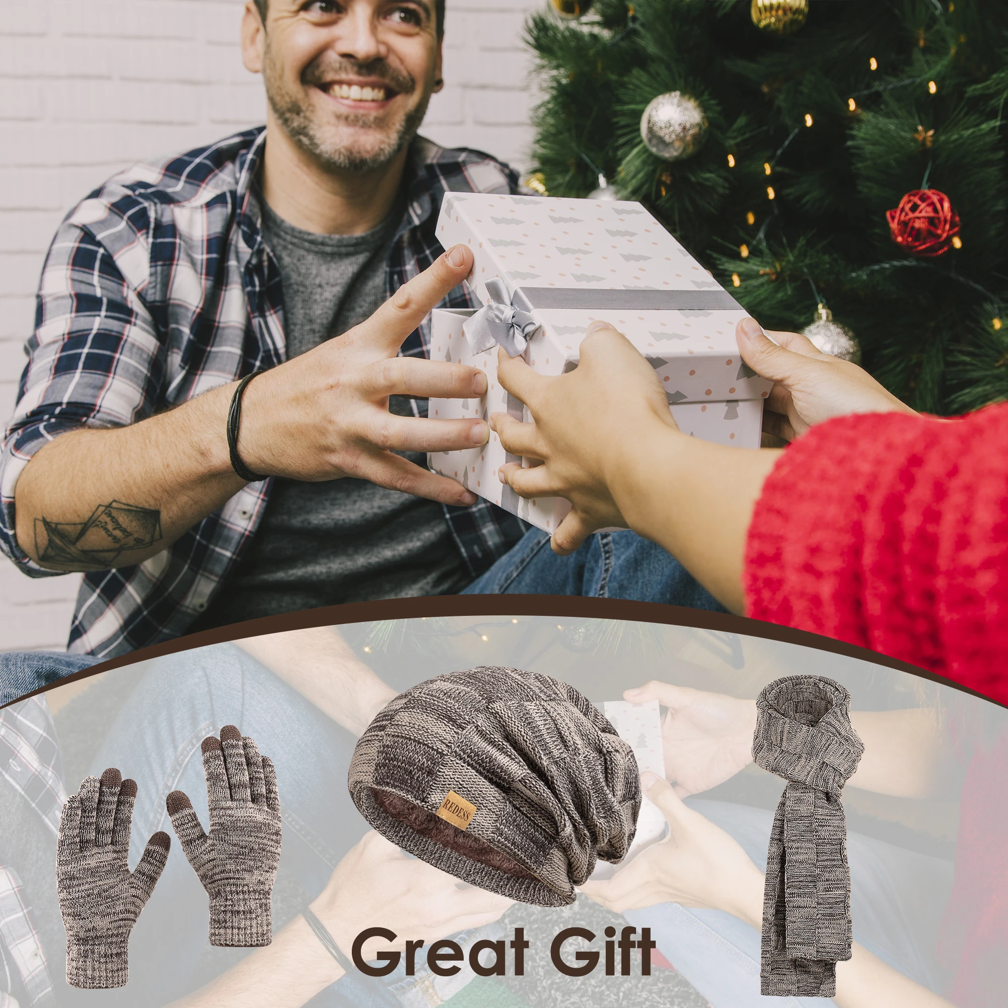 ชุดหมวกบีนนี่ ผ้าพันคอ ถุงมือหน้าจอสัมผัส，ชุดถุงมือบีนนี่ฤดูหนาวที่ให้ความอบอุ่นบุด้วยผ้าฟลีซ ชุดผ้าพันคอคอยาว