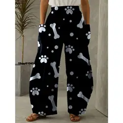 Women Elastic Waist Retro Lantern Dog Paw Print Pants Oversized Girls Pants European American Style Pant Loose Long Trousers