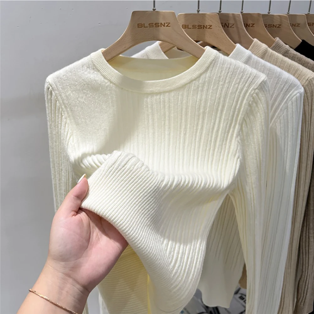 

Round Neck Women Sweaters Undershirt Autumn Winter Long Sleeve Pullover Knitted Tops Solid Color Soft Warm Base Sweater ﻿