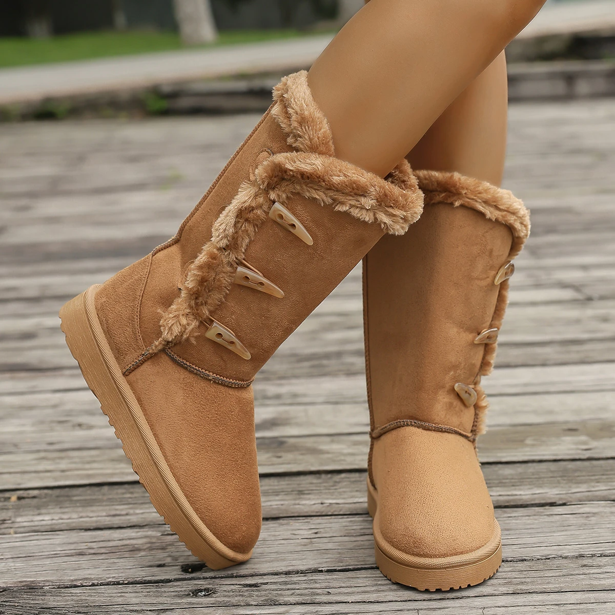 Damen Schneestiefel Winter Halbstiefel Warme Baumwollschuhe Mode Einfarbige Knopf-Stiefel für Damen Braune Lange Stiefel Übergröße 36-42 – Detail 7