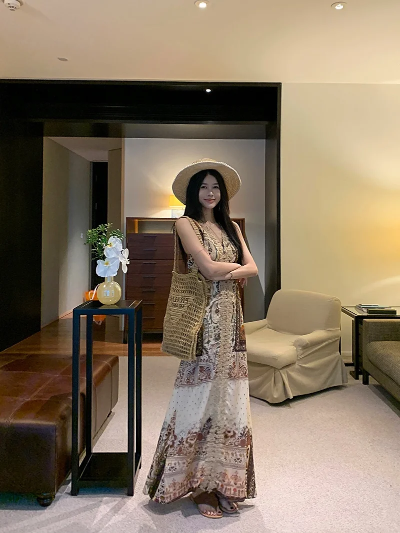 Vaion Sle Bloemenprint V-Ne Dames Dr Strandrok Lange Svel Jurk Hoge Taille en Etnische Zomer Faion