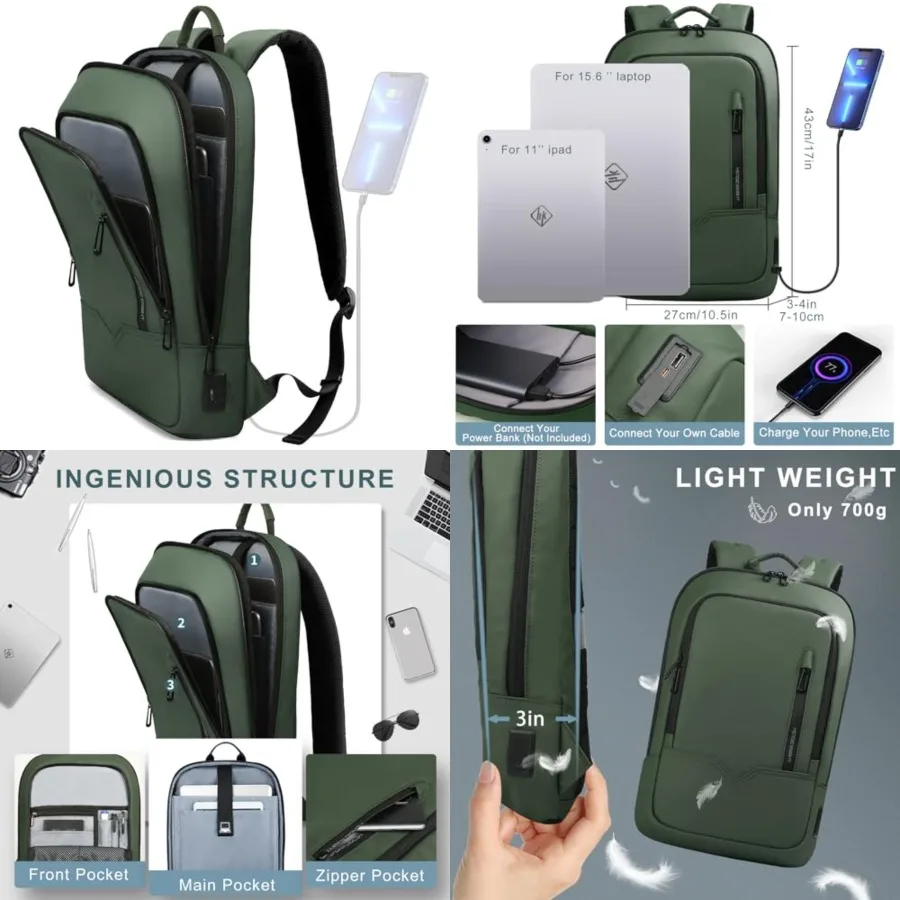 

Backpack for Men Business Slim Backpack with USB Charger Computer Lightweight Anti-theft Travel