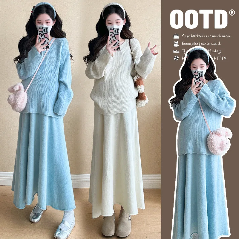 

2025 Luxury and Elegant Knit Pregnancy Set Autumn Two Piece Dress Outfit Premium Soft Comfortable Stylish Maternity Wear
