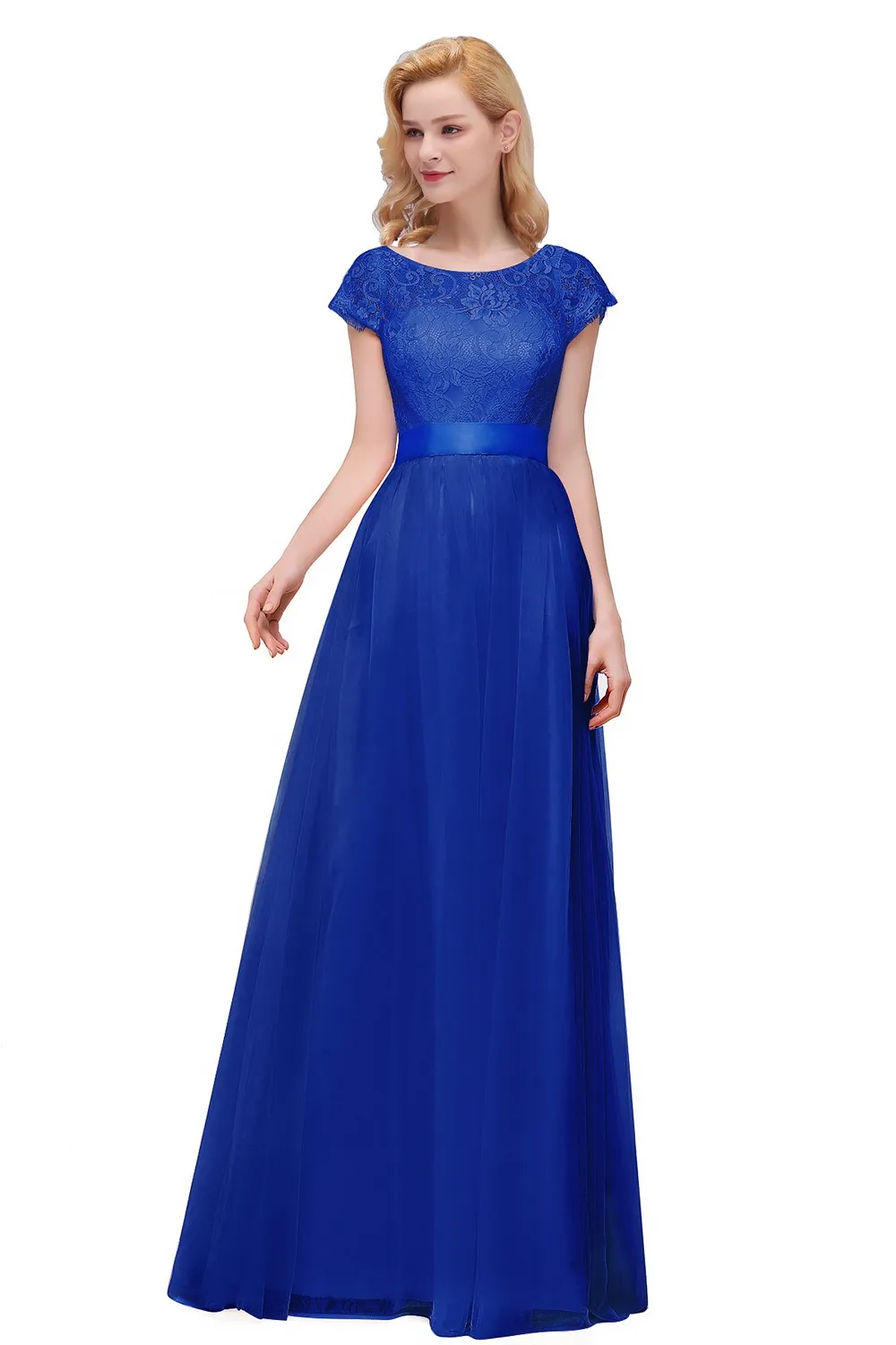 ロイヤルブルーレースチュールブライズメイドドレス女性のための半袖エレガントなマキシドレスフォーマル結婚式プロムイブニングパーティーcps221