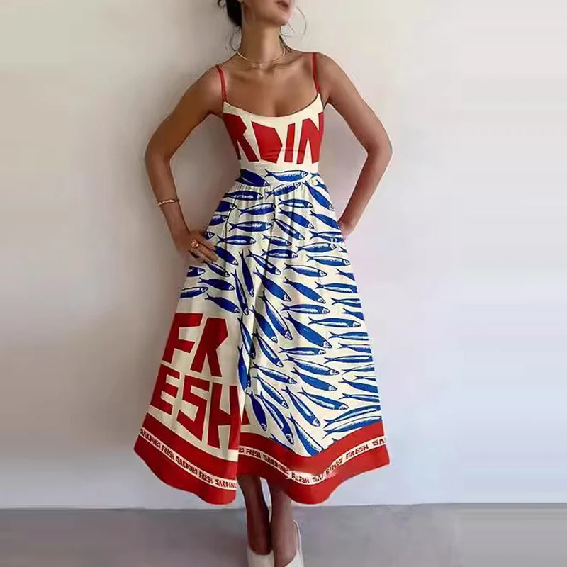 Vestidos de mujer de estilo étnico de verano 2024, vestido informal con tirantes y hombros descubiertos para vacaciones, vestido Maxi con bolsillos sueltos y estampado que combina con todo