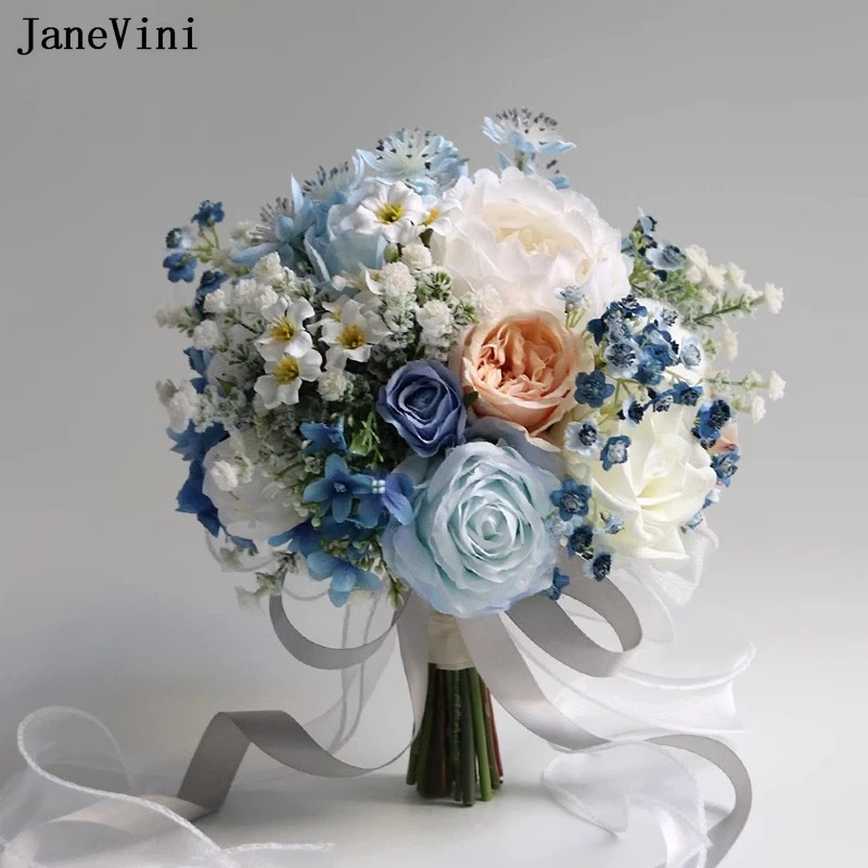 JaneVini ใหม่สีฟ้าสีขาวเจ้าสาวช่อดอกไม้ประดิษฐ์ผ้าไหมกุหลาบสัมผัสจริงเพื่อนเจ้าสาวถือดอกไม้ช่อดอกไม้อุปกรณ์จัดงานแต่งงาน