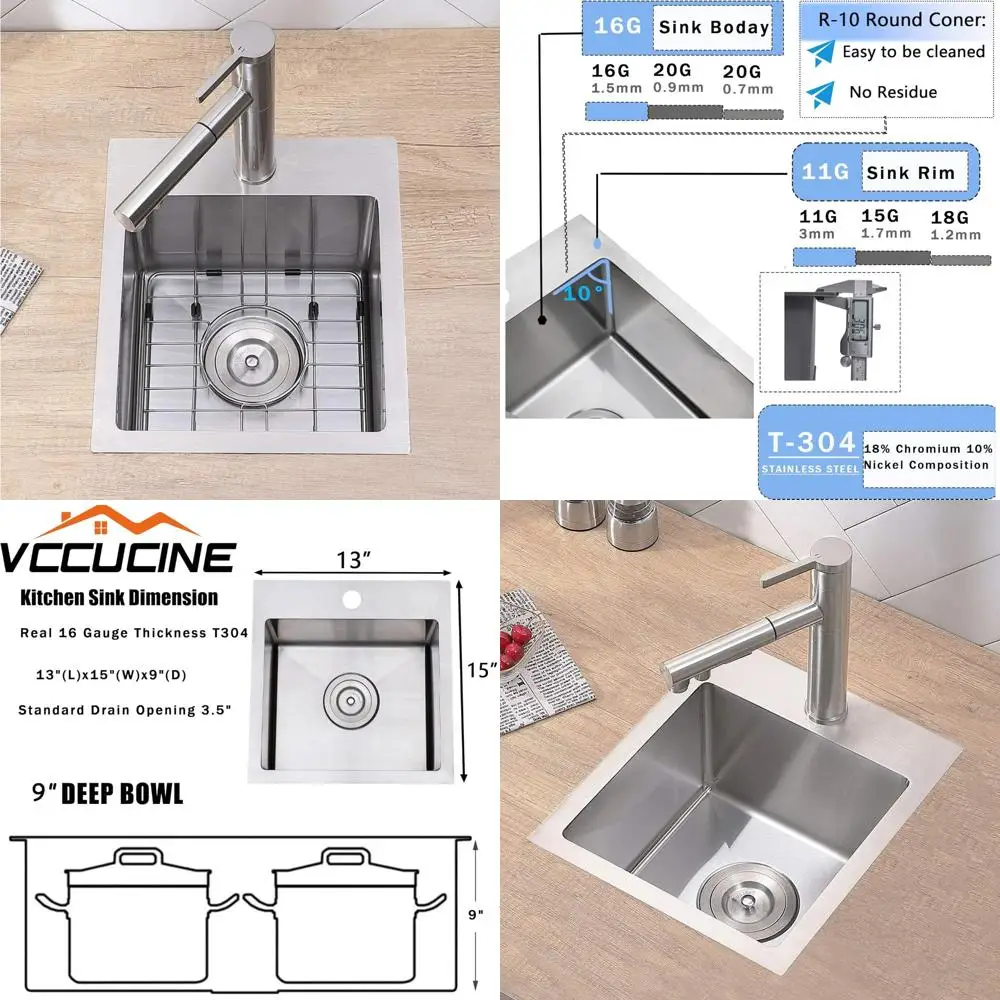 

Stainless Steel Drop-In Bar Sink for RV Kitchen, 13x15 Inch Single Bowl, Handcrafted, Outdoor Use, Small Kitchen Prep Sink