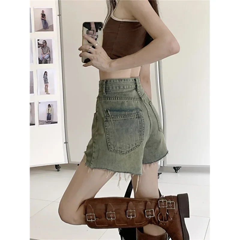 2025 été nouveau Style Vintage taille haute Holey a-ligne Denim Shorts femmes cloche bas pantalons décontractés origine chinoise