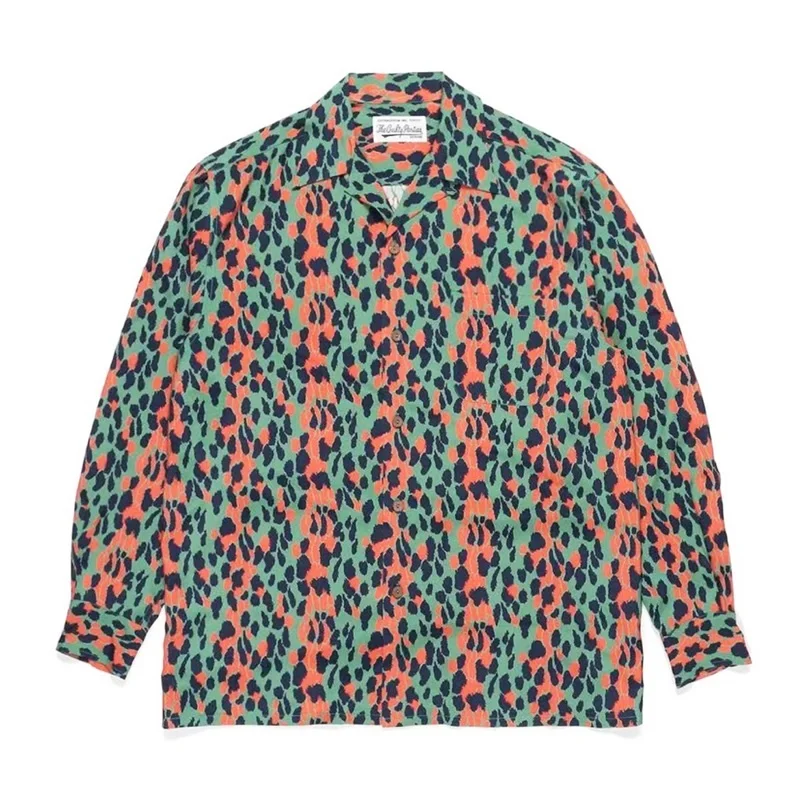 Street Japanese Harajuku Leopard Retro Cuban collar WACKO MARIA Autumn Winter Mens Womens Hawaii Long Sleeve Shirt