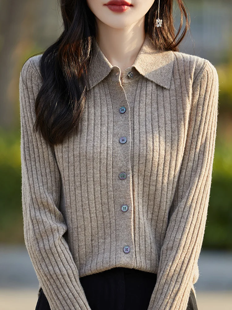 

Women's POLO Collar Cardigan Sweater 100% Merino Wool Spring Autumn Winter Soft Comfortable Shirt Lady Cashmere Knitted Clothes