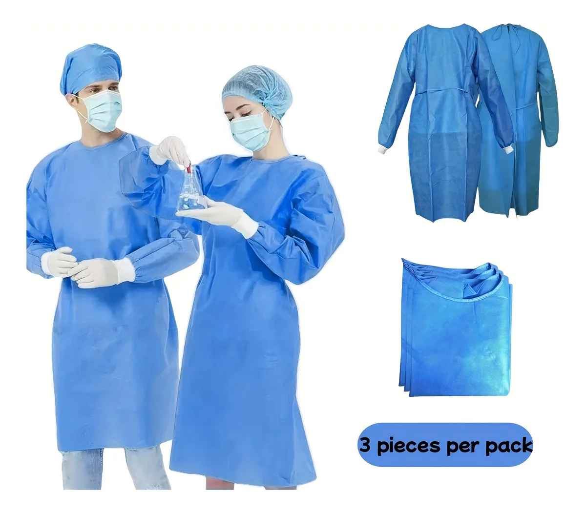3pcs 45gsm SMS Three-Layer Composite Non-Woven Disposable Isolation Gown, Waist and Neck Tie Design Disposable Isolation Dress