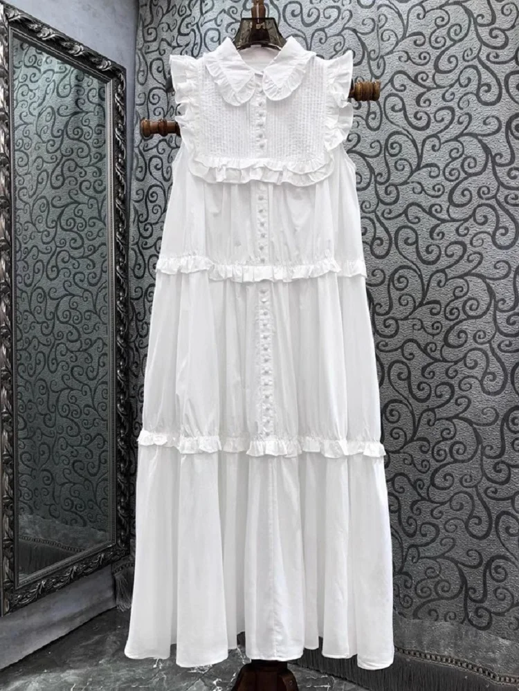 

100%Cotton Dress 2023 Summer Style Women Peter Pan Collar Ruffle Floral Deco Sleeveless Mid-Calf Length Casual White Dress Tunic