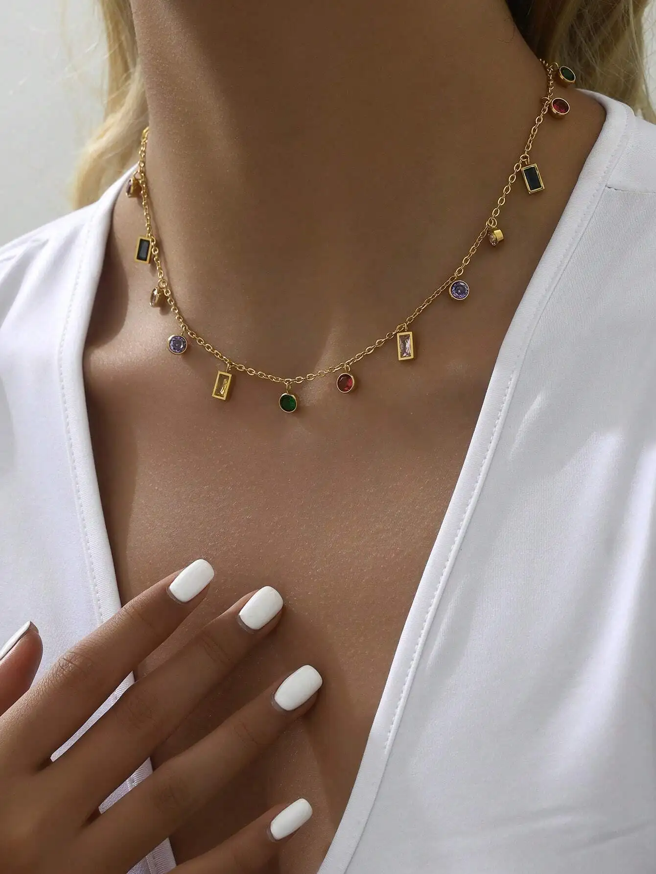 

Gold-Tone Chain Necklace with Multicolor Gemstone Charms for Women