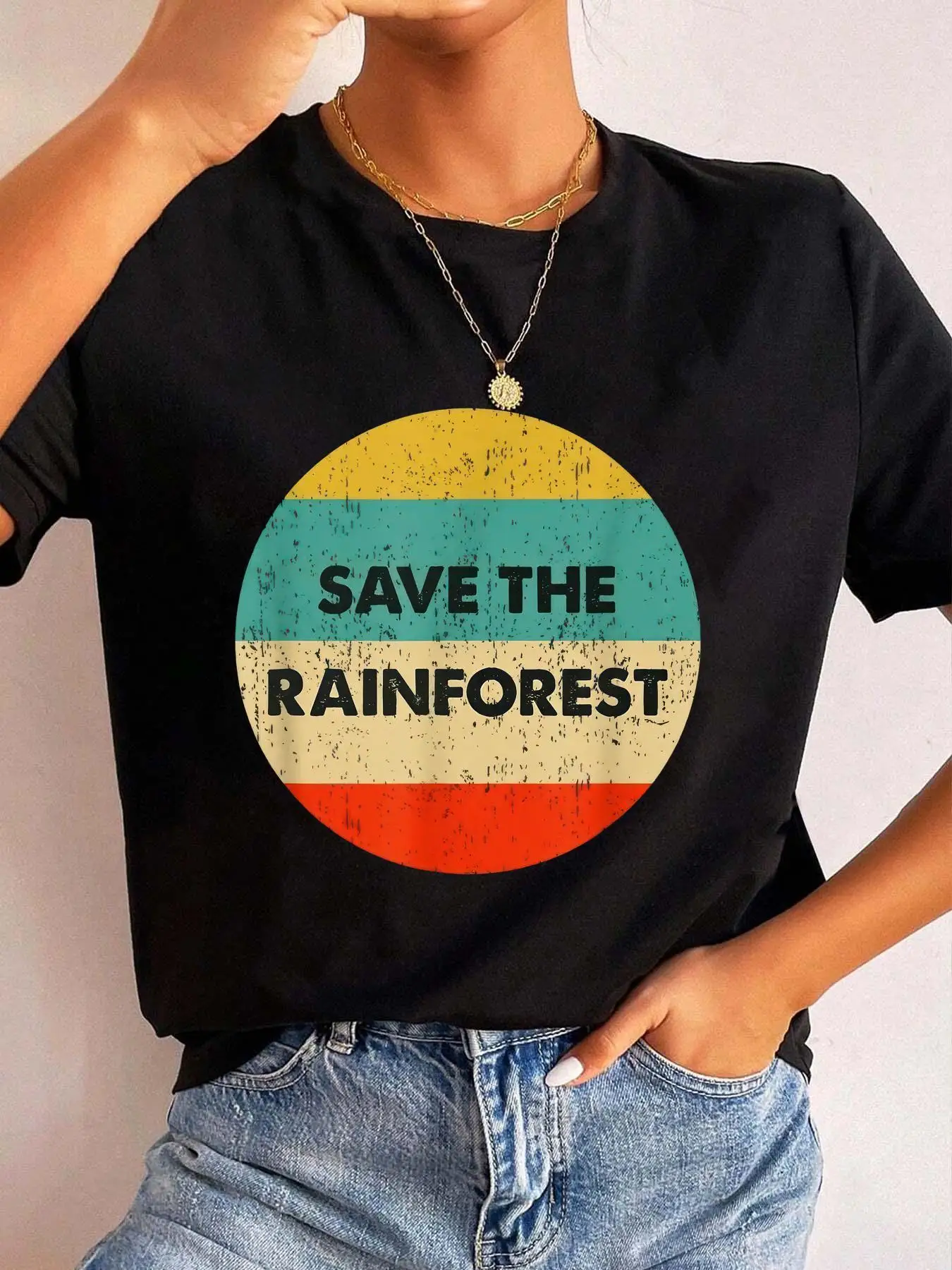 Women Save the Rainforest Graphic T Shirt Soft Crew Neck Short Sleeve Tee Bold Colorful Print Summer Casual Comfort Fit Top