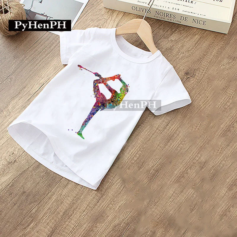 New Children\'s Fashion Ballet Print Children\'s Short-sleeved T-shirt Girls White Base Shirt Top Tide Kids Clothes