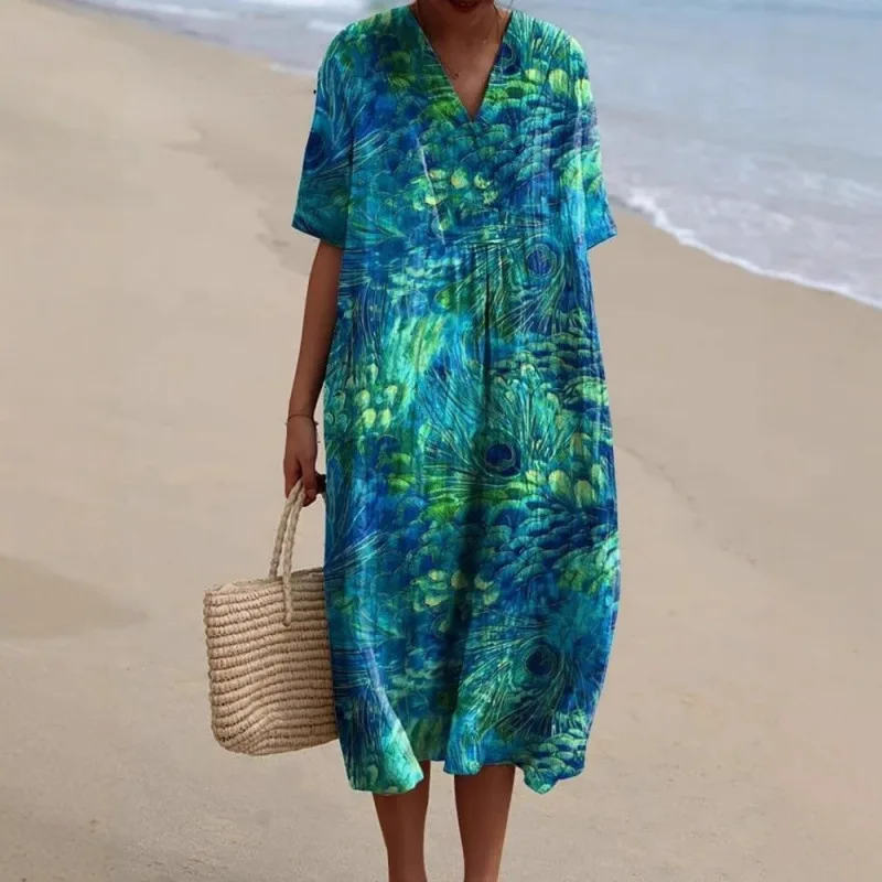 

New 3D Printed Women's Shirt V-Neck Short Sleeve Floral Element Vacation Style Dress Fashionable Casual Maxi Dress