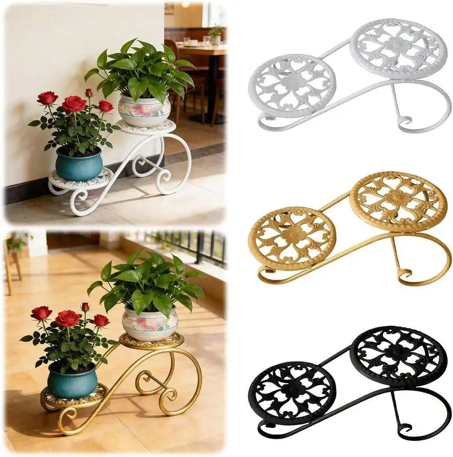 2-Tier Plant Stand Metal Flower Stand Suitable For Indoor And Outdoor Use Rust-Resistant Wrought Iron For Garden And Home Decor