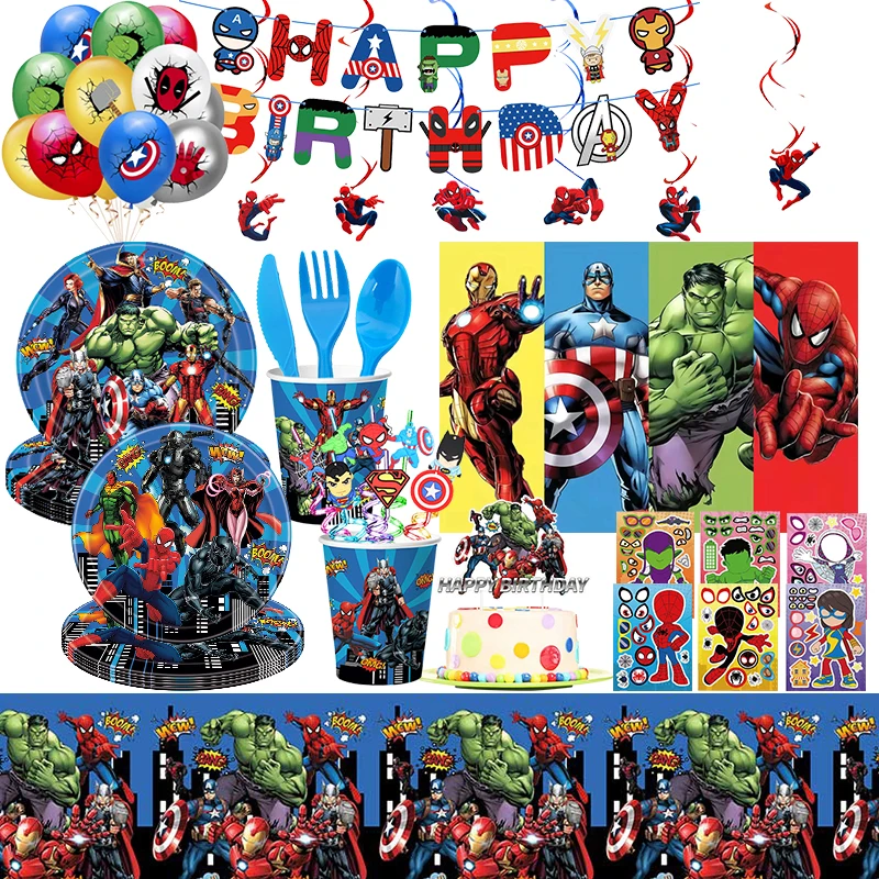 The Avengers Birthday Decorations Disposable Tableware Plates Cups Tablecloth Balloon MARVEL SuperHero Iron Man Party Supplies