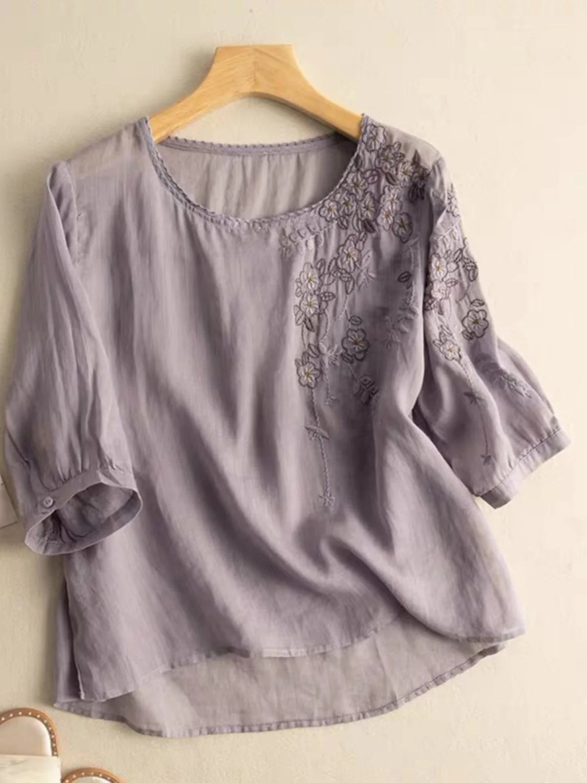 Giapponese Sle Artistico Ricamato Cotone Lino Sciolto Leggero ort Sve Donna irt Vintage Pendolarismo rotondo Ne Five...