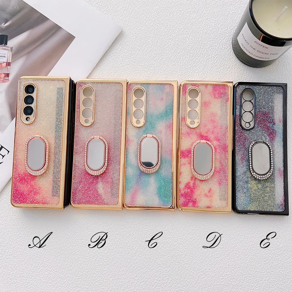 Glitter Gradient Foldable Phone Case For Samsung Galaxy Z Fold Flip 7 6 5 4 3 Rhinestone Ring Kickstand Protective Phone Cover