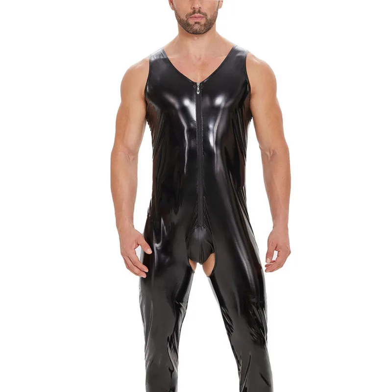 Body Sexy de moda con cuello en V sin mangas de talla grande de PVC de cuero brillante para hombre, monos ajustados con cremallera elástica y entrepierna abierta 2C2P