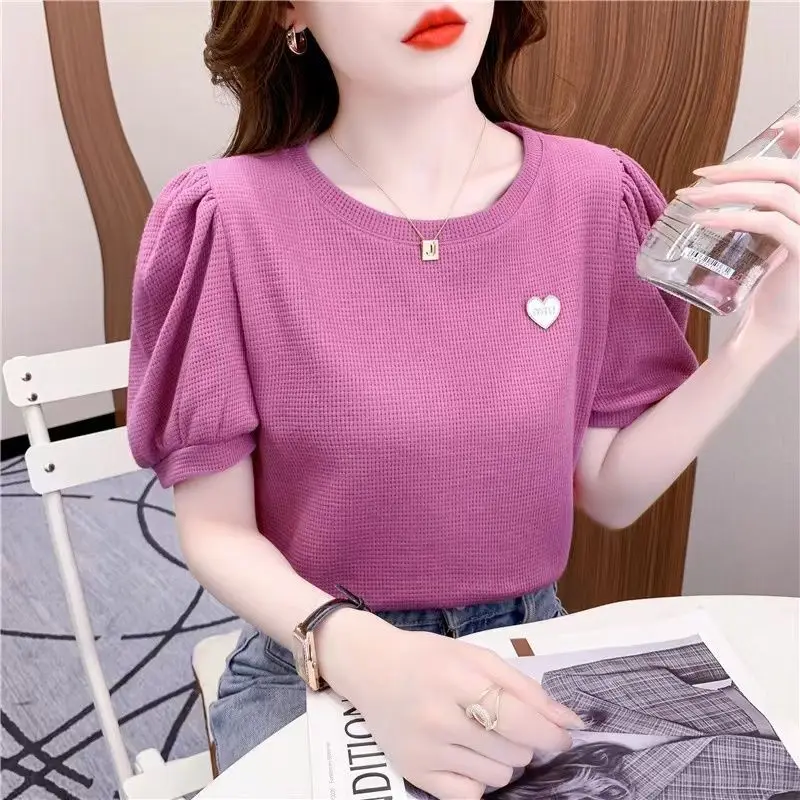 Waffle Bubble Sleeves Short Sleeved T-shirt Women\'s Summer New Fashion Solid Round Neck Print Patchwork Korean Simple Thin Top