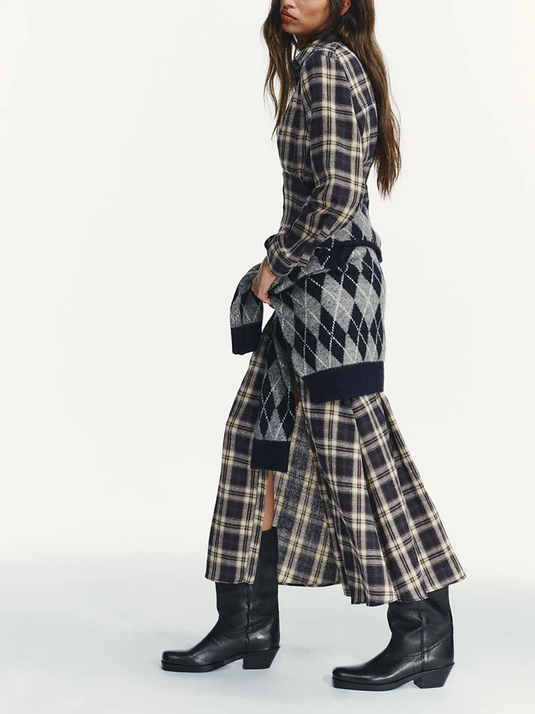 

Новинка зимы 2025: Модное плиссированное платье миди в клетку с длинным рукавом для повседневной носки, из других материалов.